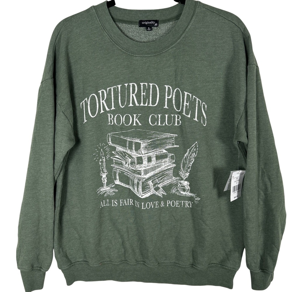 Originality Tortured Poets Book Club Sweatshirt Olive Size L NWT Long Sleeve